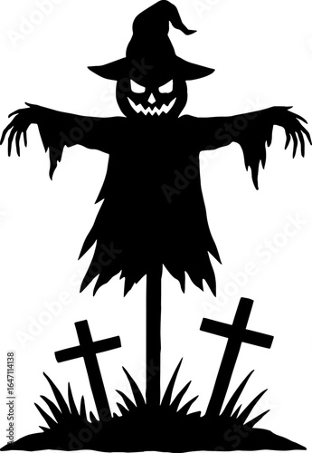 Halloween scarecrow silhouette vector creepy scarecrows in field halloween night background vector art in black and white silhouette vector with white background 