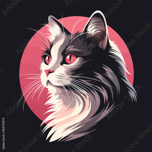 A black and white cat with striking red eyes stares intently at the viewer, its ears perked up and whiskers twitching in alert curiosity. The cats glossy coat contrasts sharply with its piercing red e