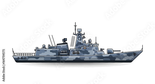 Detailed Illustration of a Camouflaged Modern Warship on White Backdrop