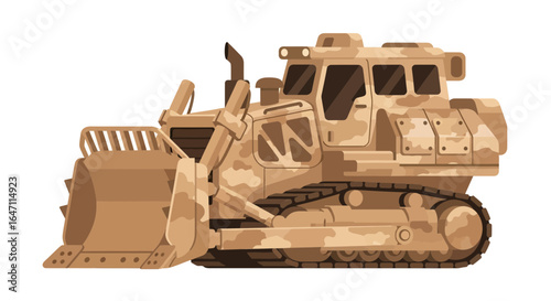 Illustrated bulldozer with camouflage pattern, standing on a white surface