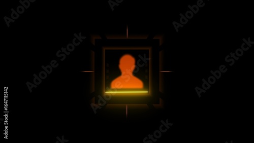 Orange silhouette of a person in a glowing square frame with neon light on black background profile headshot