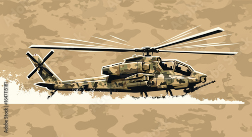 Illustration of a Camouflaged Attack Helicopter in Mid-Flight Position