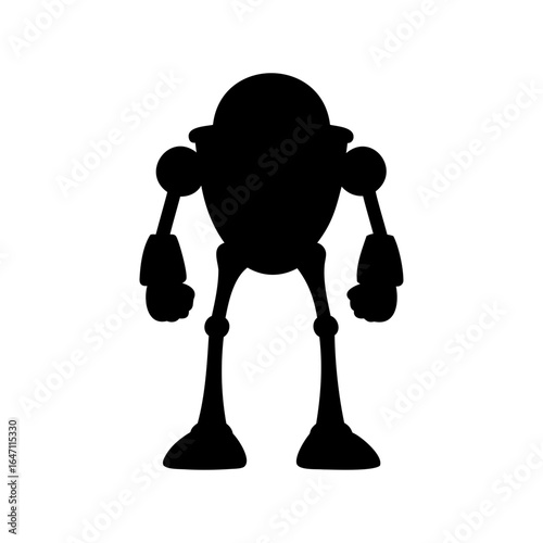 Black silhouette of a robot character with a rounded body and limbs