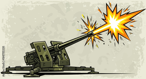 Illustration of a large artillery gun firing, set against a grunge backdrop