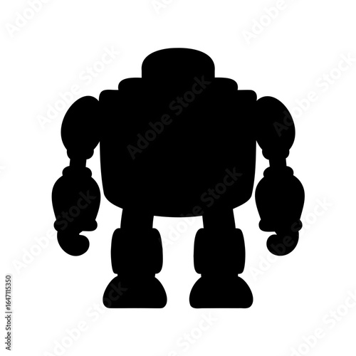 Black silhouette of a stout robot character on a white background