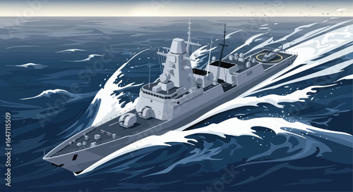 Illustration of a modern warship cruising across the open ocean waves