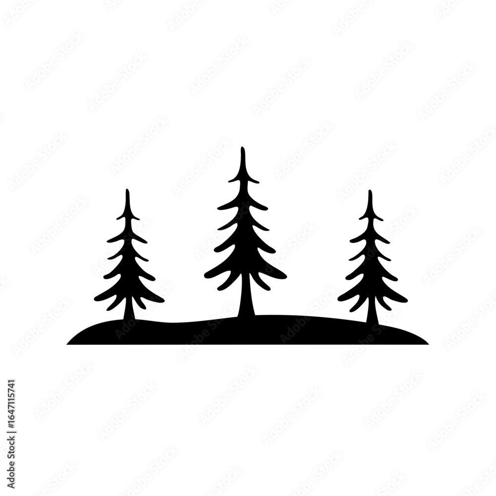 Obraz premium Silhouette of three pine trees on a small hill against white background
