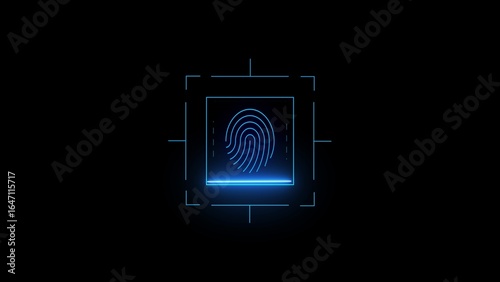Blue neon fingerprint scan graphic with targeting lines on black background biometric identification