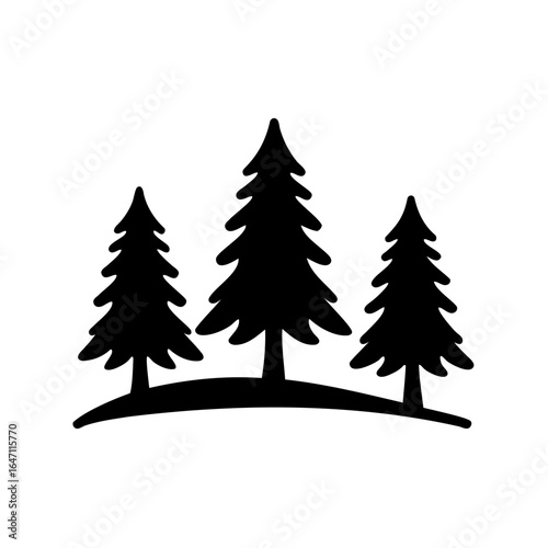 Simple silhouette of three evergreen trees standing on a gentle slope