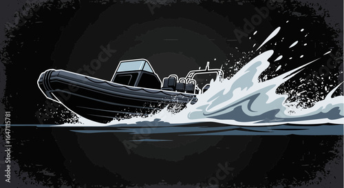 Illustration of high-speed motorboat on a dark sea against a black background