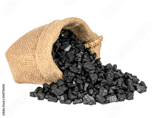 Coal Spill: A rustic burlap sack spills its black, glistening load of coal, a tangible display of an essential resource.  