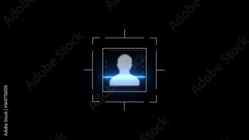 Digital human silhouette with blue scanning line and targeting reticle on black background person profile