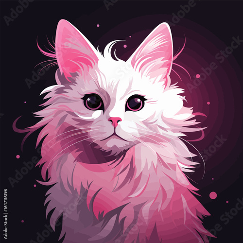 A white cat with striking black eyes and fluffy pink fur is sitting calmly, its ears perked up. The cats tail is wrapped around its body as it observes its surroundings intently.