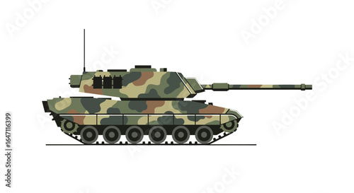 Military tank illustration with camouflage pattern on a white background