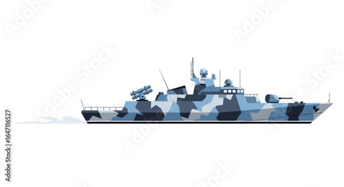 Modern camouflage warship illustration in blue tones for naval applications
