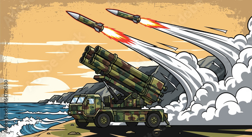 Mobile Missile Launcher Vehicle Firing Projectiles on Beach in Vector Illustration