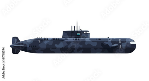 Modern Camouflaged Submarine Isolated for Maritime Theme Illustrations