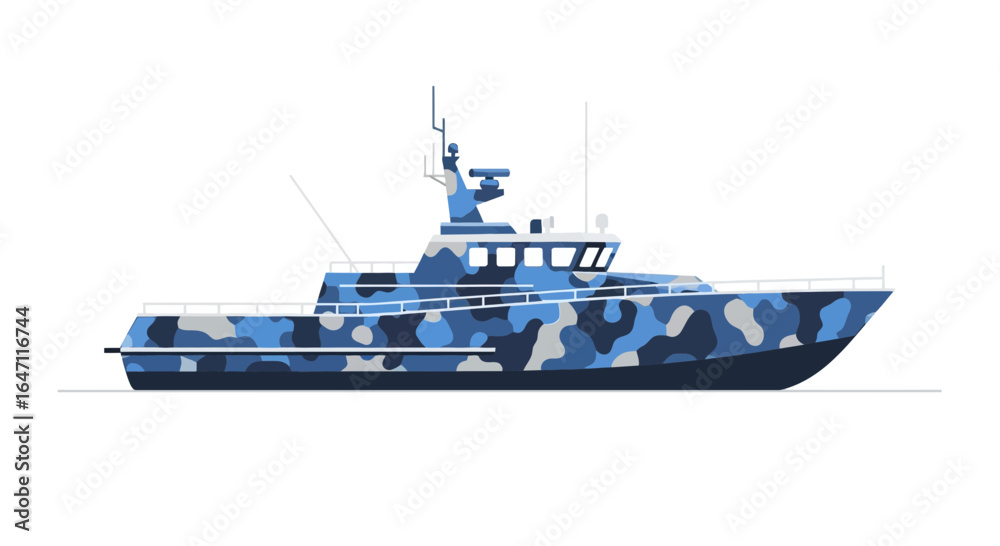 Fototapeta premium Modern Navy Patrol Boat in Blue Camouflage Isolated on White Backdrop