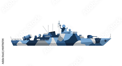 Modern military warship illustration with camouflage design on white backdrop
