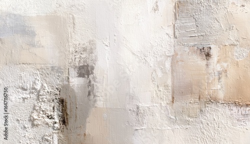 Abstract painting, muted tones, textured surface.  Beige, gray, and white paint applied in segmented blocks and layered to create a rough, stucco-like effect