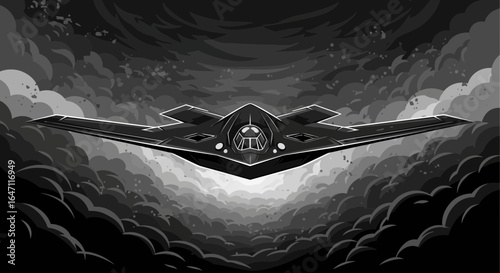 Monochrome stealth bomber illustration against stylized cloudscape scene