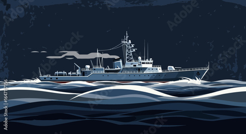 Navy vessel navigating stormy waters with stylized waves and dark sky backdrop