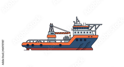 Offshore supply vessel illustration with crane and helipad design, isolated