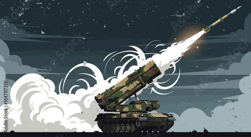 Powerful rocket artillery system launching a missile with smoke and blast