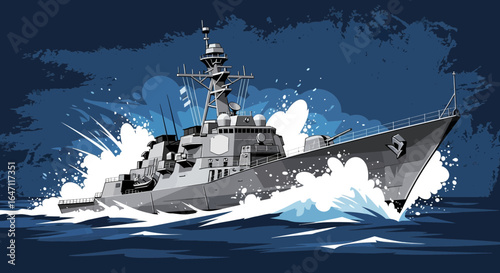 Powerful naval destroyer vessel surging through ocean waves illustration