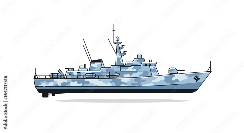 Fototapeta premium Sleek Camouflage Naval Vessel Illustrating Defense and Maritime Power