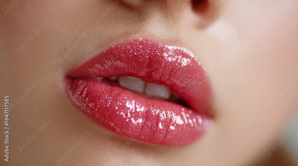 Fototapeta premium Glossy lips pressing together gently closeup portrait studio setting beauty photography intimate perspective sensuality concept