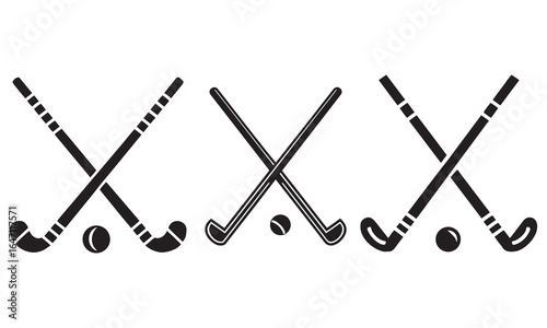 Field Hockey Sticks and Ball Silhouette Icons Crossed Hockey Stick Vectors