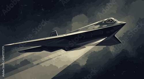 Stealth bomber soaring through dramatic sky, vector illustration style