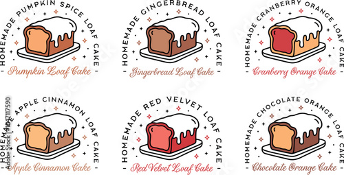 Loaf cake flavors label logo cozy fall holiday winter season homemade retro aesthetic design bundle pack. Pumpkin spice gingerbread orange chocolate red velvet apple cinnamon illustration clipart.