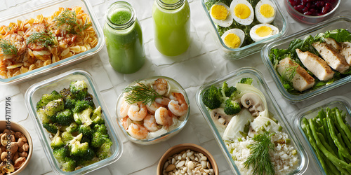 Nutritious Meal Prep Containers: Chicken, Shrimp, and Greens for a Healthy Lifestyle