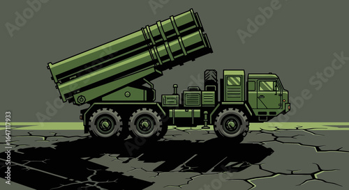 Stylized illustration of a green multiple rocket launcher on cracked ground