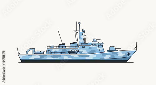 Stylized Line Art Illustration of a Camouflaged Military Warship