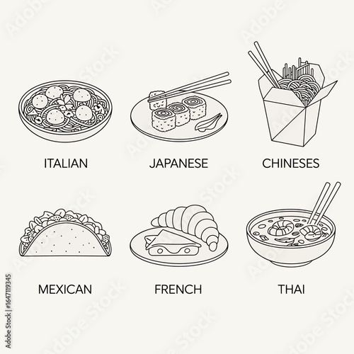 World cuisine culinary journey showcasing diverse international food selections and unique dishes in an illustration representing global flavors