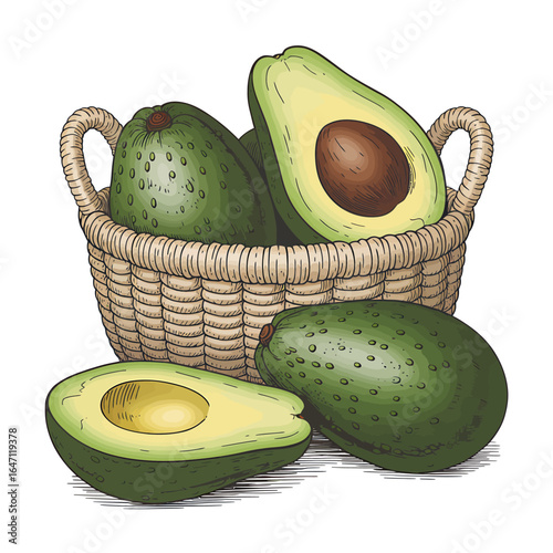 Avocado Basket Illustration Ripe Green Fruit Halves and Whole with Detailed Crosshatch Texture and Organic Feel