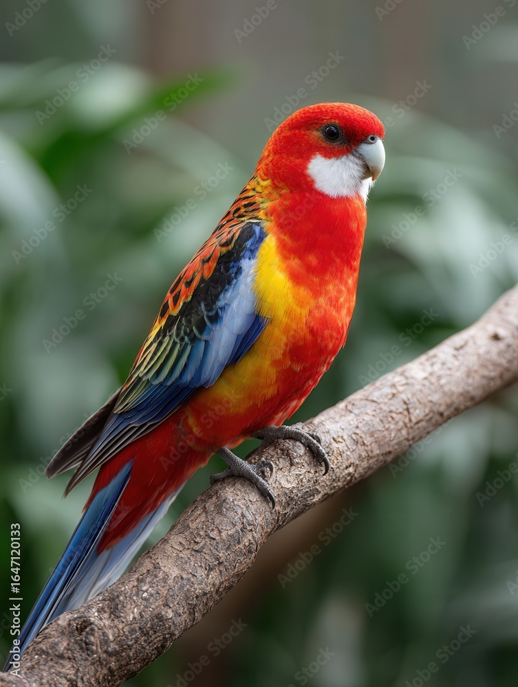 Fototapeta premium A vibrant parrot with red, yellow, and blue feathers sits on a branch in a lush green environment. Ideal for wildlife and nature themes.