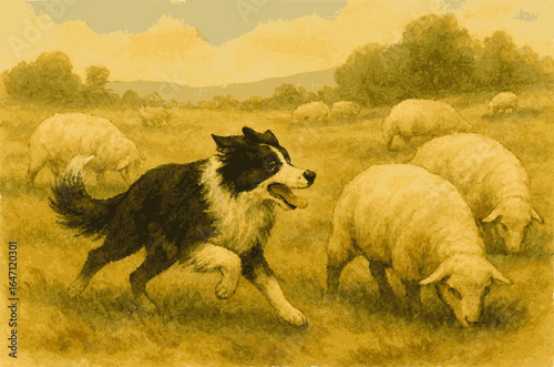 Energetic Border Collie Herding Sheep in a Grassy Field Watercolor Painting