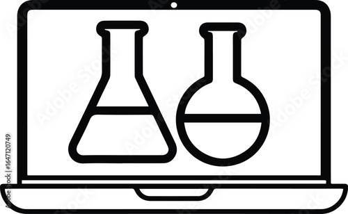 Online science laboratory with flasks on laptop screen isolated on white background