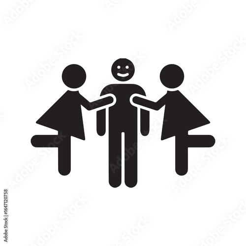 Icon of a happy man being admired by two women. Stick figure symbol of popularity, a love triangle, or a polygamous relationship.
