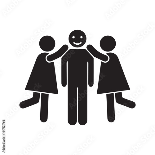 Icon of a happy man being admired by two women. Stick figure symbol of popularity, a love triangle, or a polygamous relationship.
