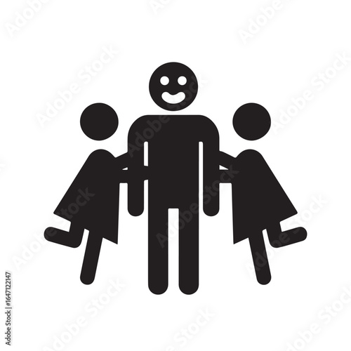 Icon of a happy man being admired by two women. Stick figure symbol of popularity, a love triangle, or a polygamous relationship.
