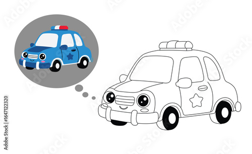 Line art of a police car imagining a blue patrol version of itself, designed as a printable educational coloring sheet for children.