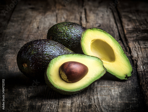 Alpukat Segar matang sempurna di atas lantai kayu - Fresh Hass Avocados on Rustic Wood: A Close-Up of Healthy Eating and Natural Goodness