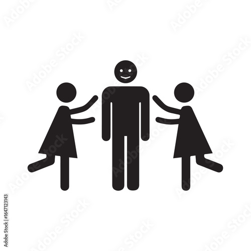 Icon of a happy man being admired by two women. Stick figure symbol of popularity, a love triangle, or a polygamous relationship.
