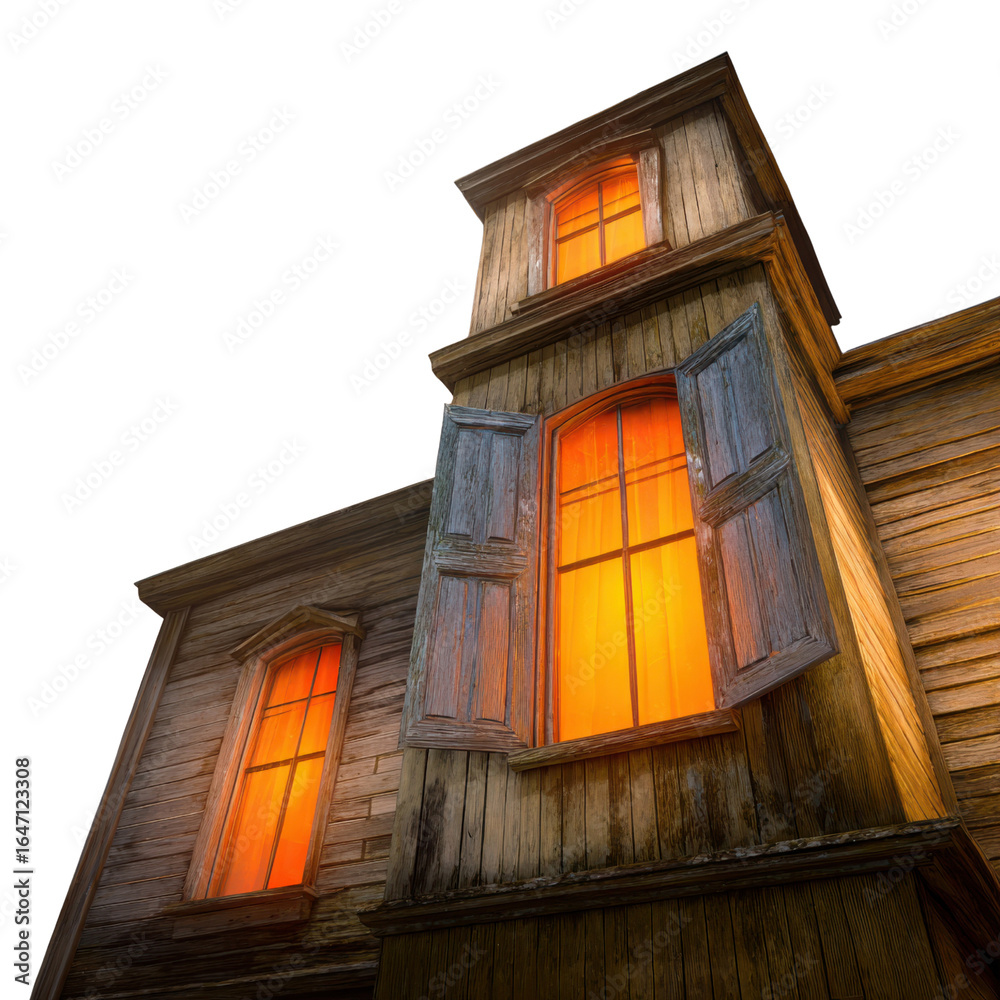 Obraz premium Haunted house with glowing orange windows and weathered wooden shutters creates eerie and mysterious atmosphere at dusk