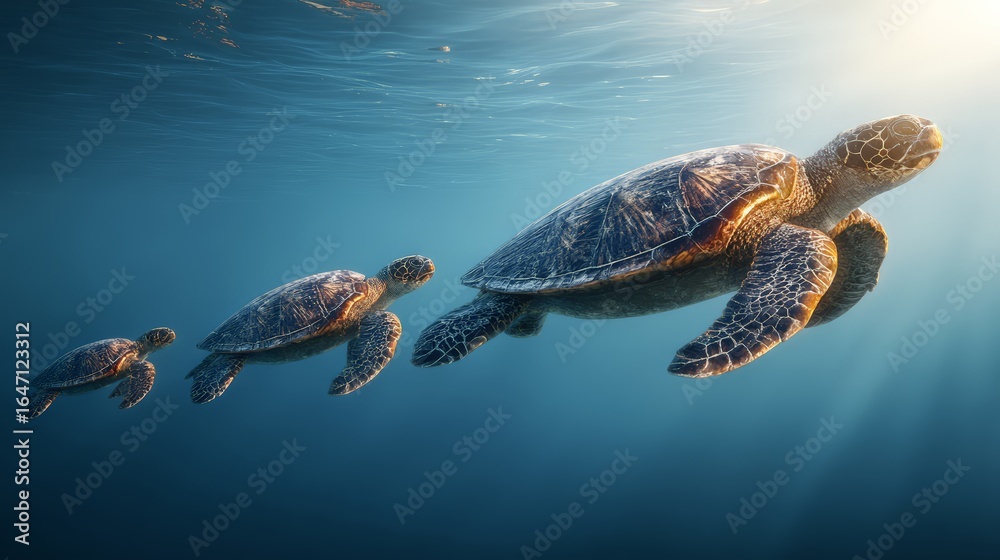 Obraz premium Tranquil underwater scene featuring graceful sea turtles swimming serenely.
